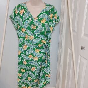 Lands' End Tropical Green and Orange Faux Wrap Floral Dress Size XL Petite